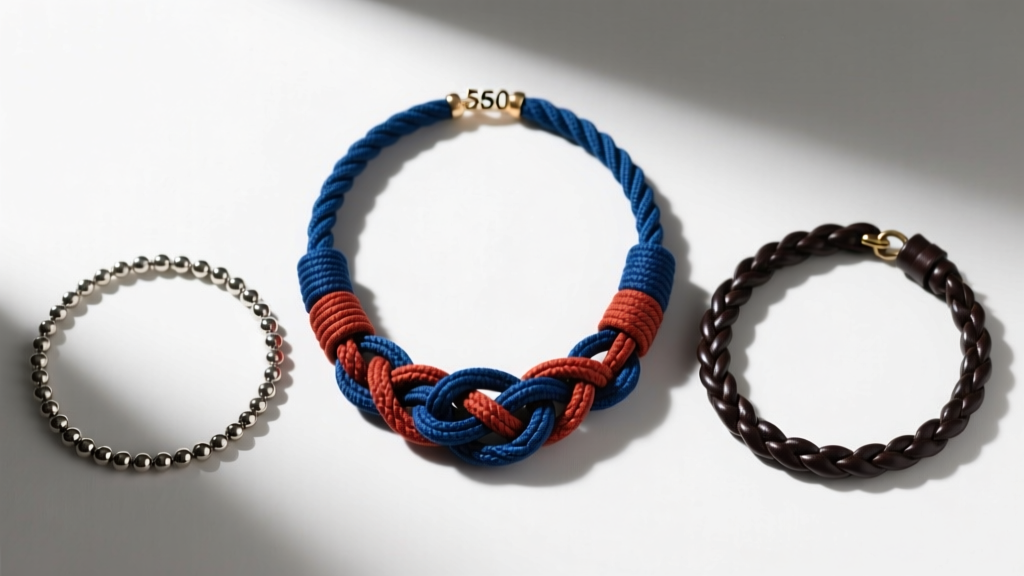 Overhead view of three thick necklace suspension options including 550 paracord, a titanium bead chain, and dark braided leather.
