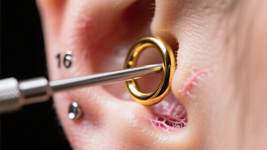 Macro shot of a titanium insertion taper guiding a seamless gold hoop through a healed 16-gauge cartilage piercing in bright light.