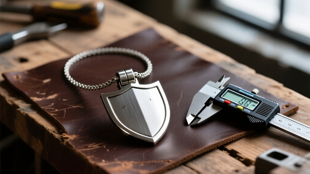 A shield necklace with a heavy steel box clasp, fastened on a leather workbench next to a pair of digital measuring calipers.