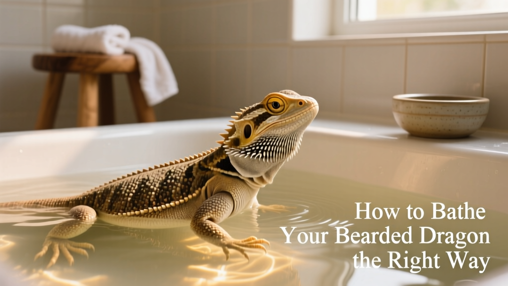 Bearded dragon soaking calmly in a shallow, warm bath with water reaching its shoulders