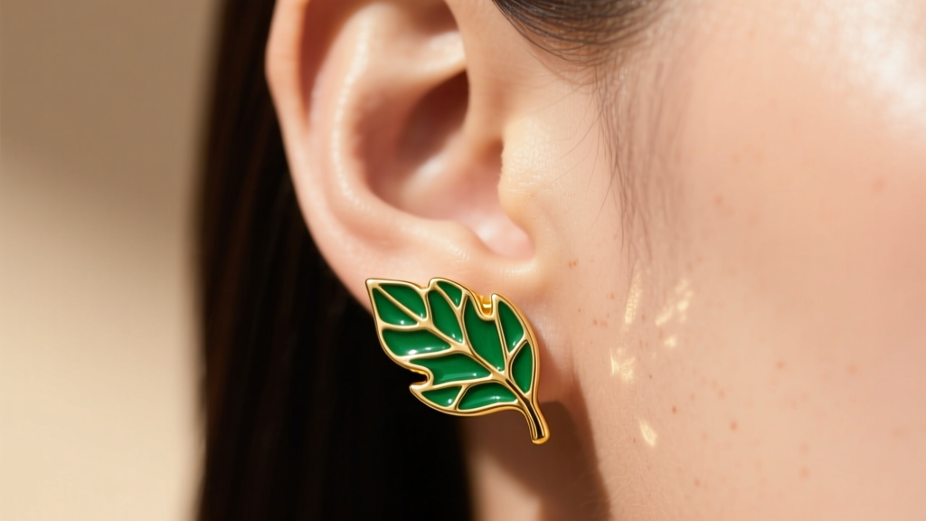 Macro shot of an ear wearing 18k gold and green enamel leaf stud earrings, soft sunlight highlighting the glossy finish and skin.
