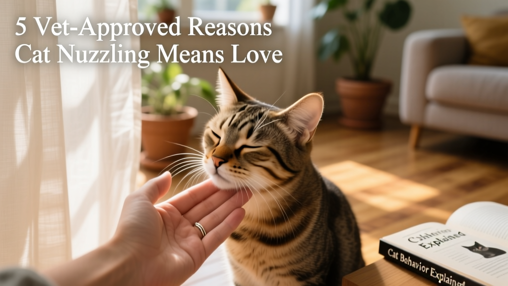 Close-up of a cat gently nuzzling a person's hand, eyes half-closed in contentment