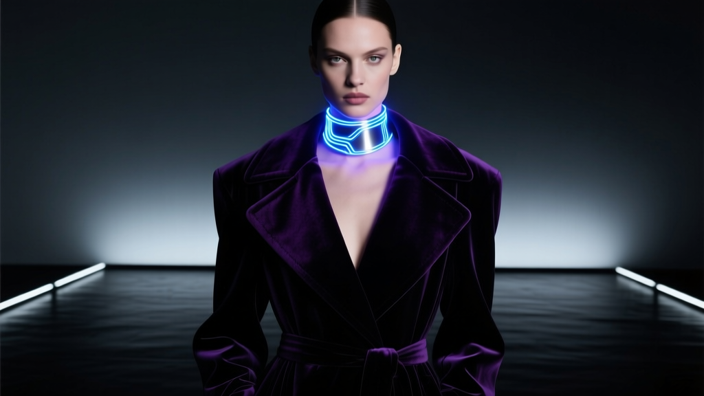 High-fashion model wearing a glowing fiber-optic choker necklace with dark velvet winter coat, moody studio lighting