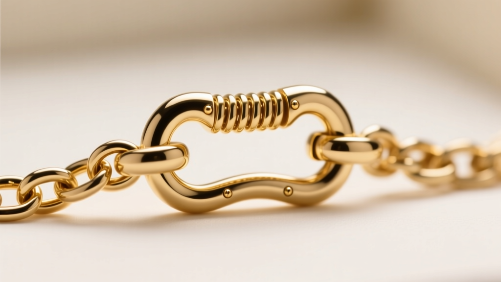 Close-up of an 18k gold lobster clasp on a box chain, revealing the spring mechanism and solder points under bright light.