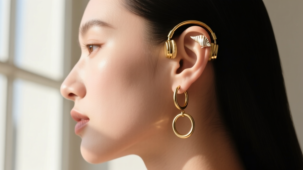 Side profile of a layered ear curation with a gold headphone earring, a conch stud, and two lobe hoops in soft natural daylight.
