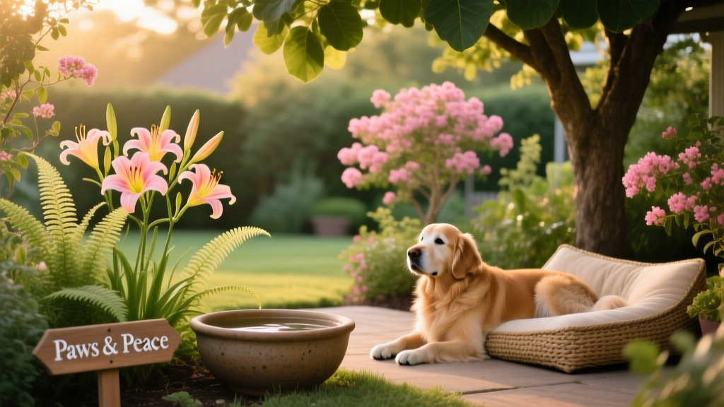 A well-designed dog-friendly garden featuring daylilies, ferns, and crape myrtles, with a small water bowl and shaded resting area visible nearby