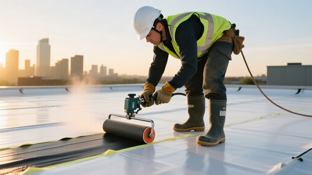 Commercial roofer applying EPDM patch and primer to a flat single ply membrane roof surface using a heavy-duty seam roller