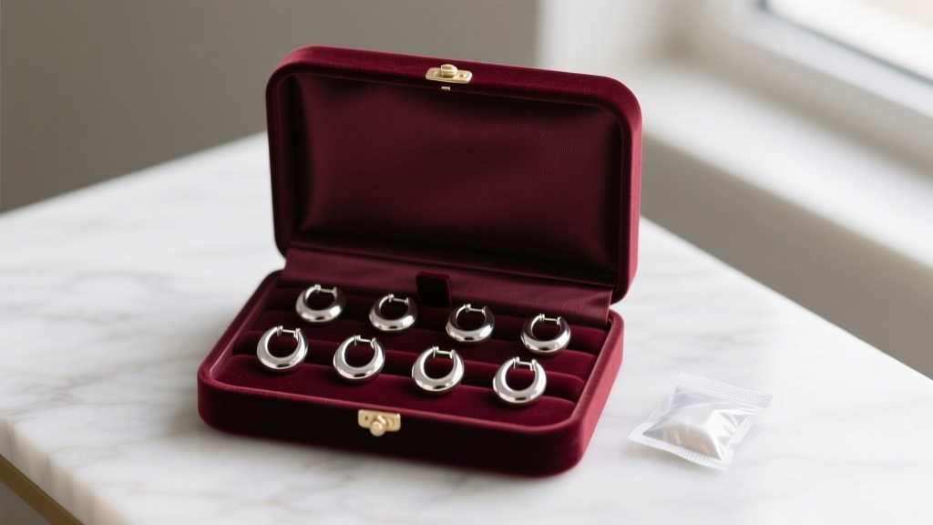 Open anti-tarnish velvet jewelry box holding neatly arranged medium silver hoop earrings, with a small silica gel packet nearby.
