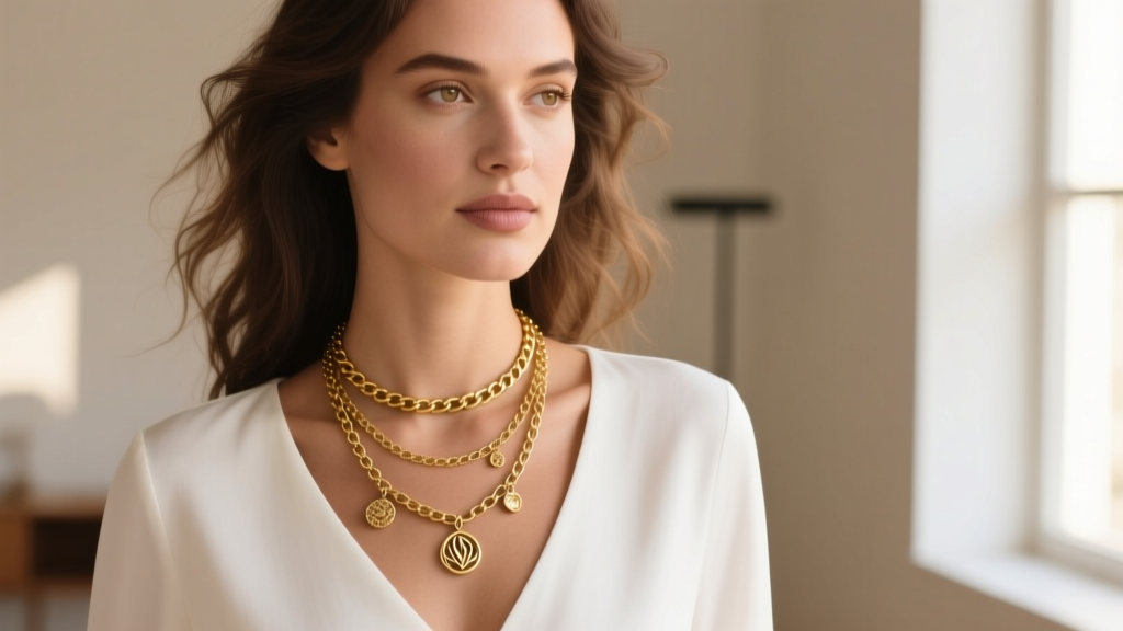 Close-up of a woman wearing layered gold Pura Vida necklaces over a white v-neck top, showing a 16-inch choker and 18-inch chain