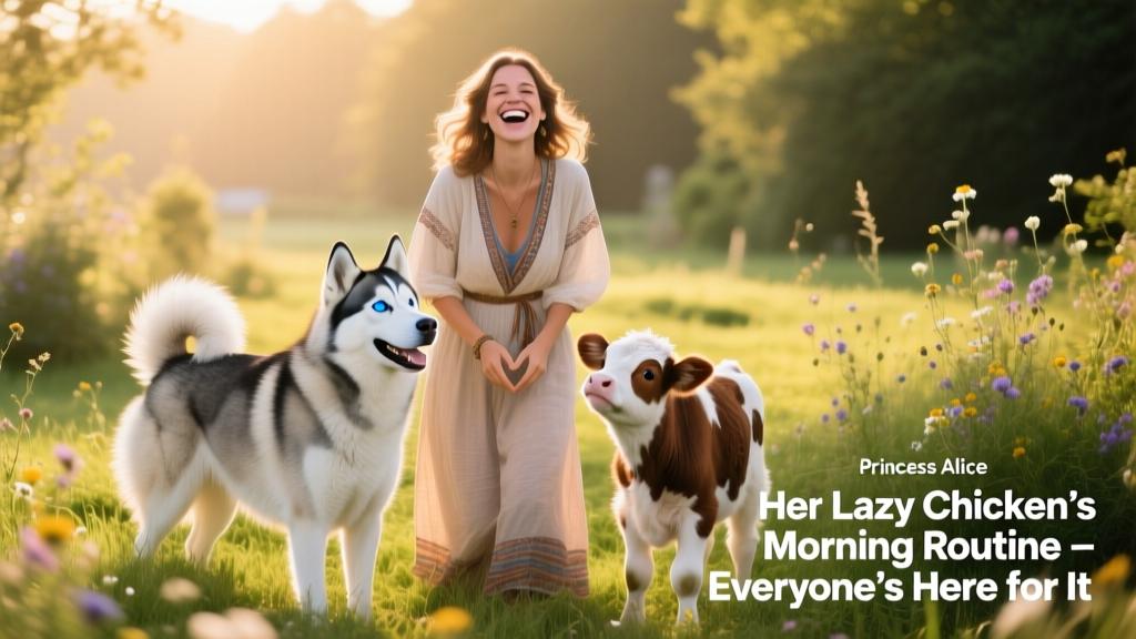 A joyful group photo of Princess Alice surrounded by her Husky and mini cow companions in a grassy garden setting