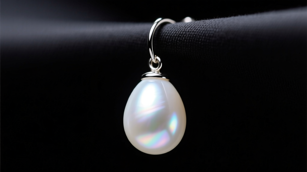 Macro shot of a 20mm white drop pearl earring against dark canvas, dramatic lighting highlighting intense surface luster and orient.