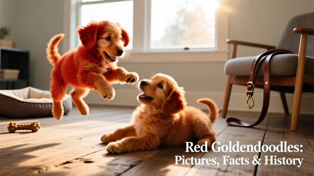 Two red Goldendoodle puppies playing together on a wooden floor, showcasing their plush, reddish-gold coats