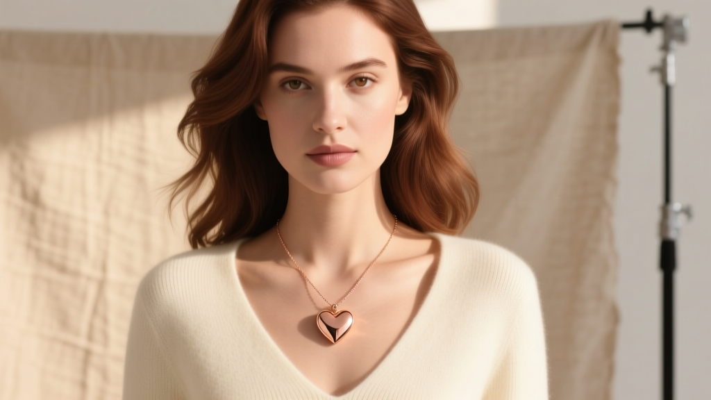 Woman wearing a rose gold heart magnetic necklace over a cream V-neck sweater, pendant resting gracefully on her bare collarbone