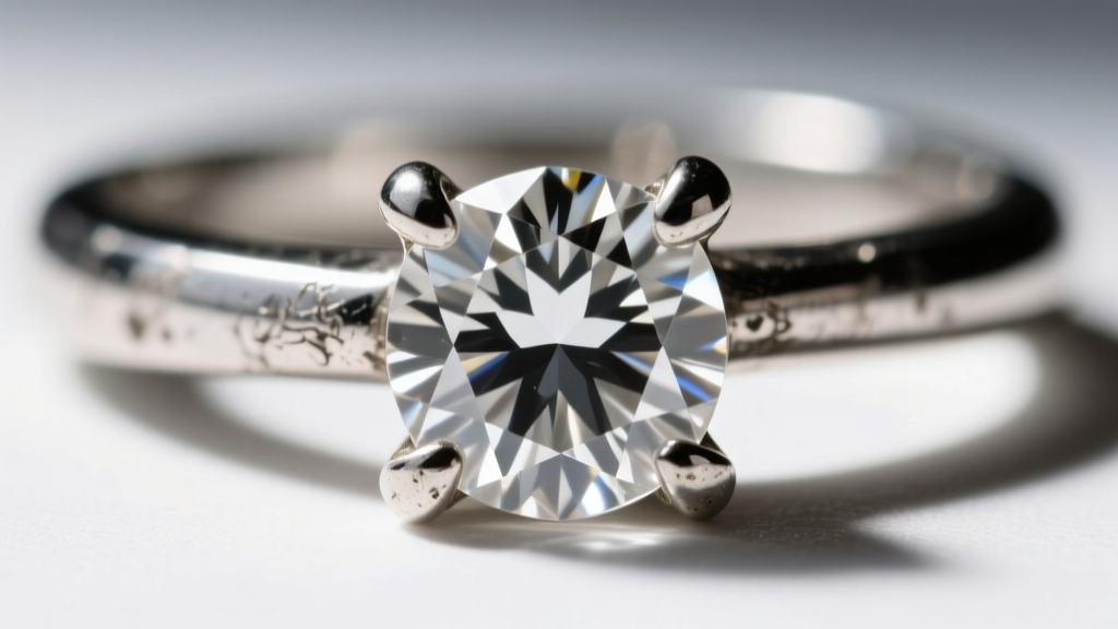 Extreme close-up of worn platinum prongs holding a princess cut diamond, showing metal thinning and micro-scratches under a loupe.