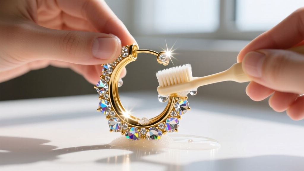 Hands using a soft baby toothbrush and soapy distilled water to clean crystal pavé on a thick gold designer hoop earring