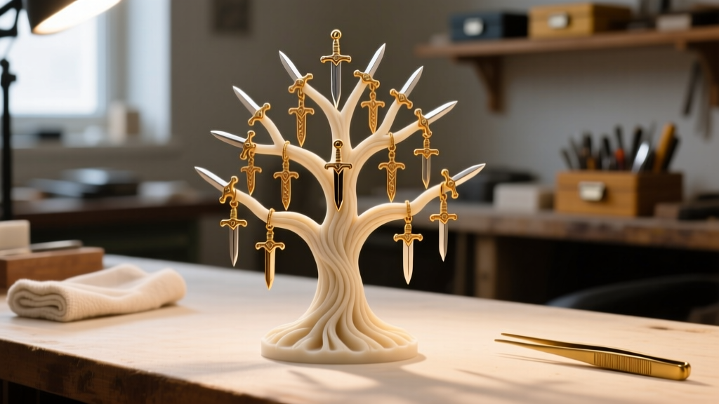 Jeweler workbench showing a wax tree of miniature sword pendants for investment casting, illuminated by warm directional light