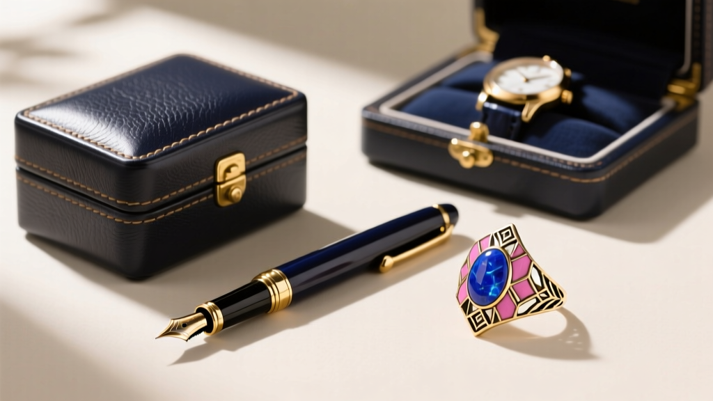 Flat lay gift guide composition showing a leather watch box, a classic fountain pen, and an ornate Art Deco lapis lazuli pinky ring.