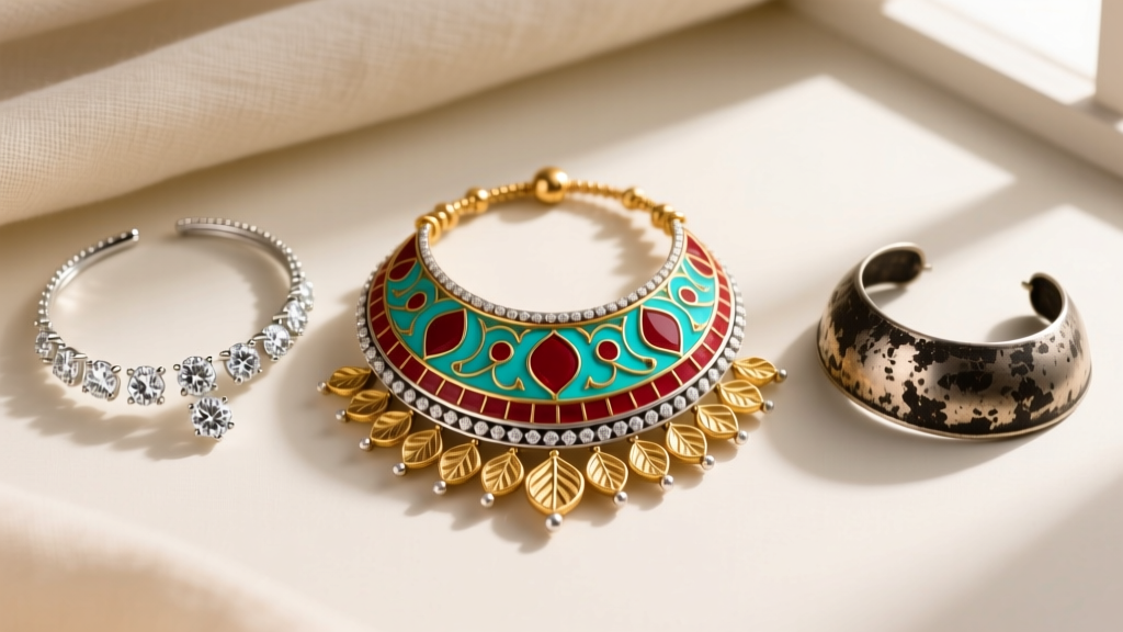 Flat lay of three Indian tikka jewelry pieces: a colorful Meenakari design, an American Diamond piece, and oxidized silver metal