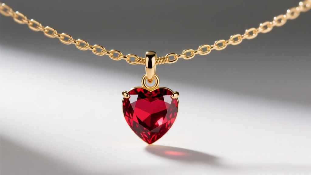 Close-up of a 1.2mm gold box chain choker connecting to a red gemstone heart, highlighting the jump ring and spring clasp