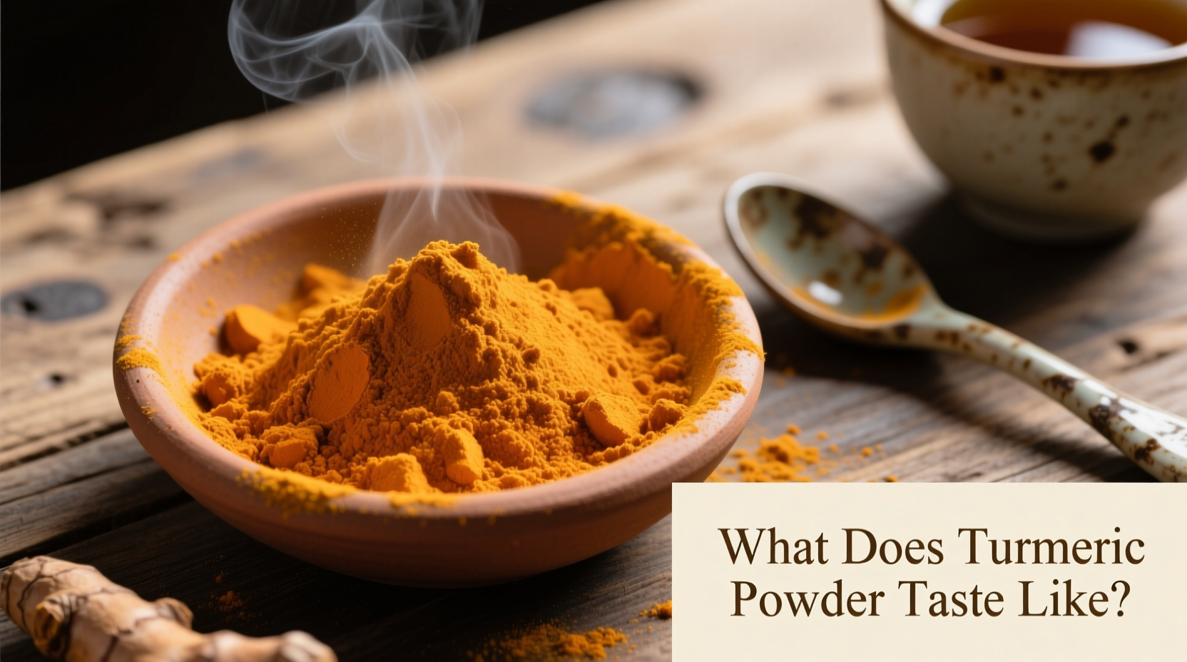 Turmeric powder in a spice jar next to measuring spoons