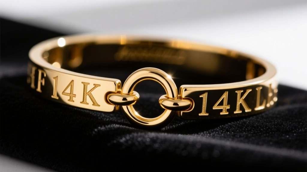 Macro shot of a 14k gold charm bracelet on dark velvet, highlighting deep hand-stamped initials and a thick soldered jump ring.