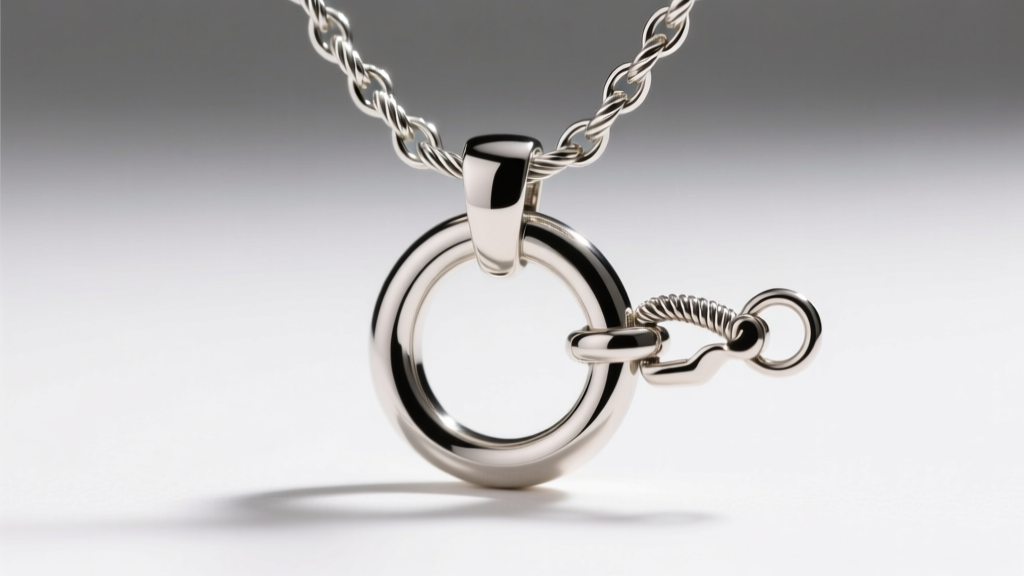 Macro shot of a 1.2mm silver cable chain through a double circle pendant, showing a secure lobster clasp and jump ring detail.