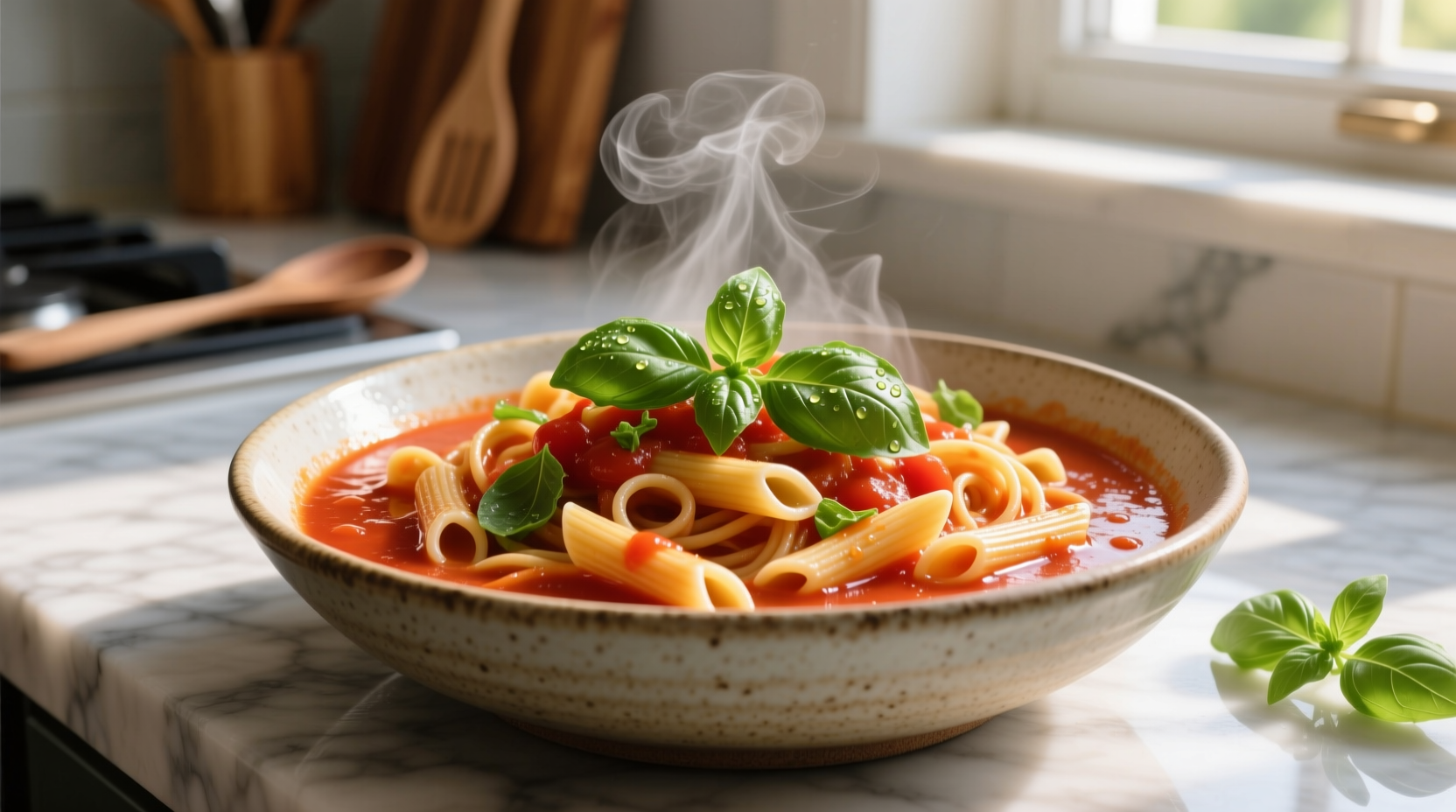 Colorful tomato soup pasta with fresh basil garnish