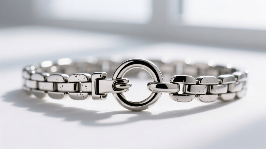 Macro shot of a platinum figaro chain connected to a soldered jump ring, highlighting the metal texture and secure lobster clasp.