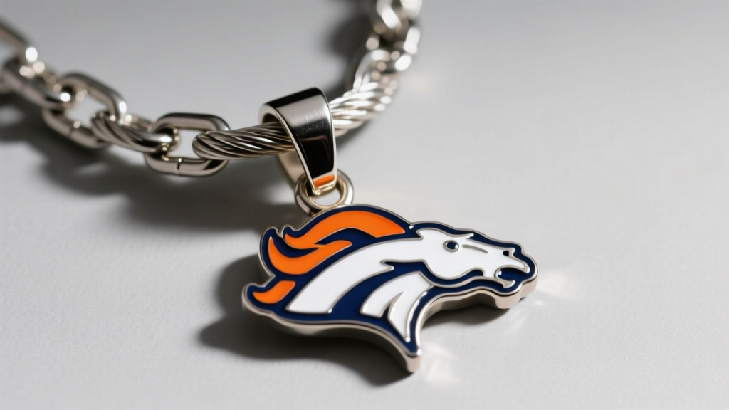 Macro view of a stainless steel cable chain and lobster clasp attached to an enameled navy and orange Broncos football pendant