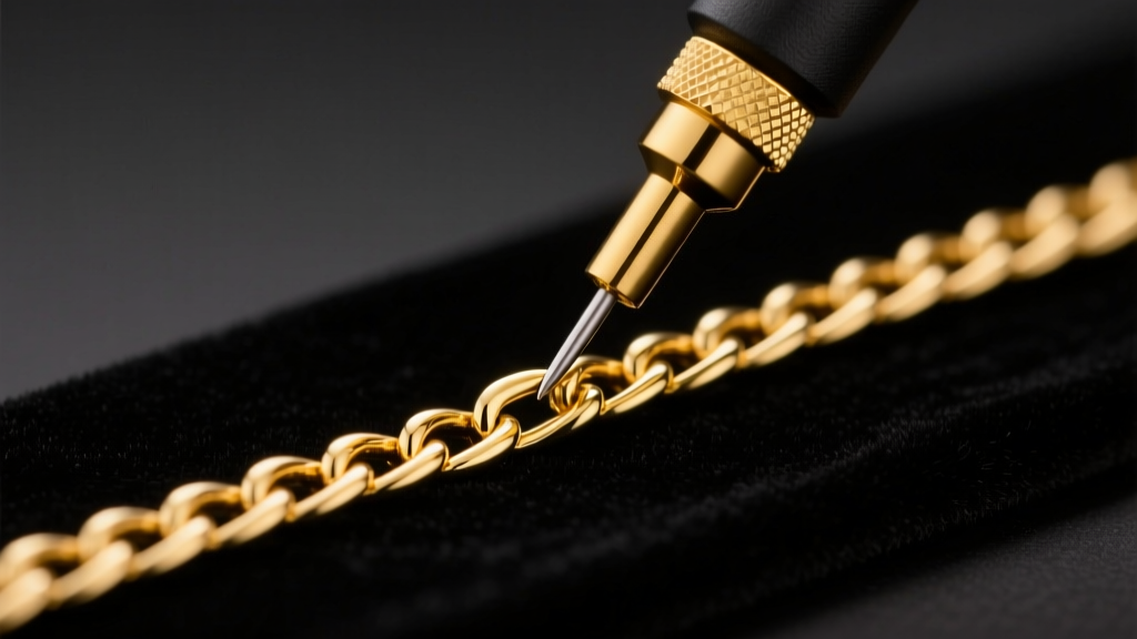 Close-up of an electronic gold tester probe touching a 14k yellow gold chain on a black velvet mat under bright studio lighting.