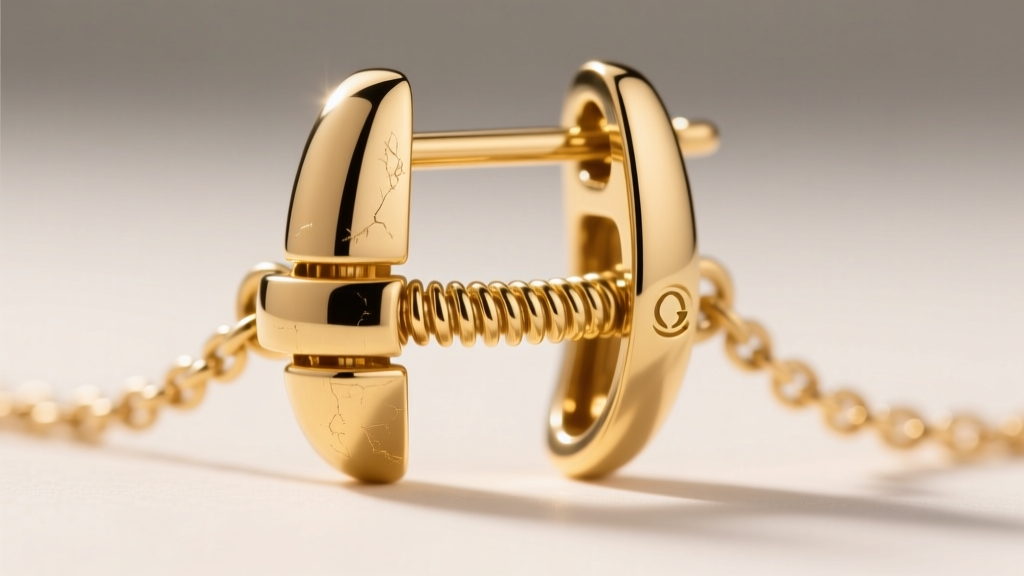 Extreme close-up of a reinforced 18k gold omega clasp on a lightweight drop earring, showing the tension spring and hinge detail