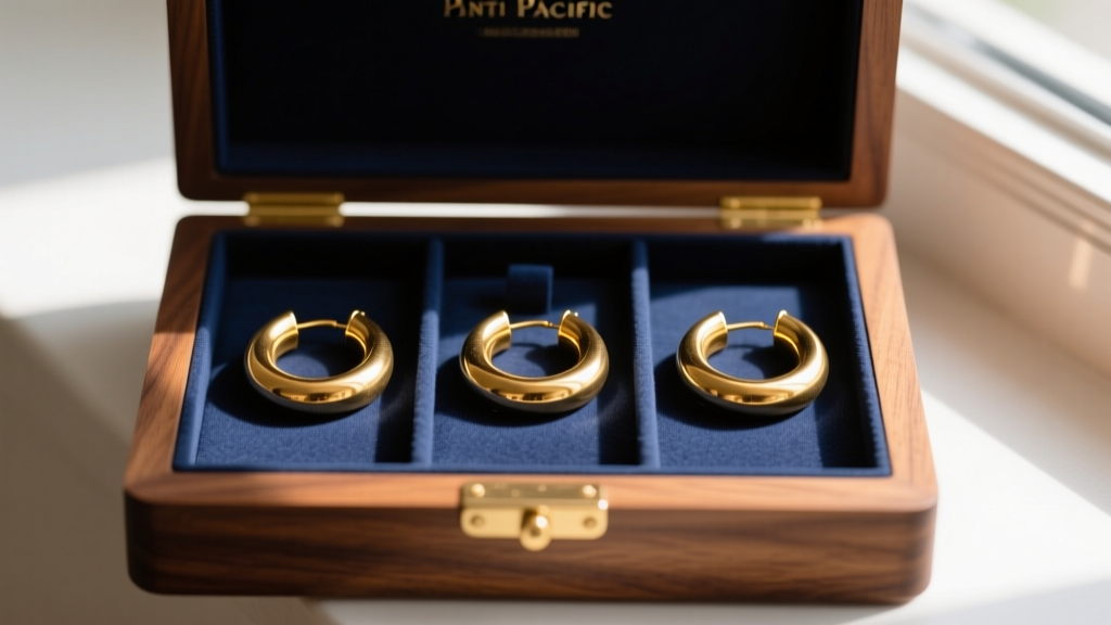 A wooden jewelry box lined with anti-tarnish Pacific cloth, neatly storing three pairs of polished vintage gold tube hoops