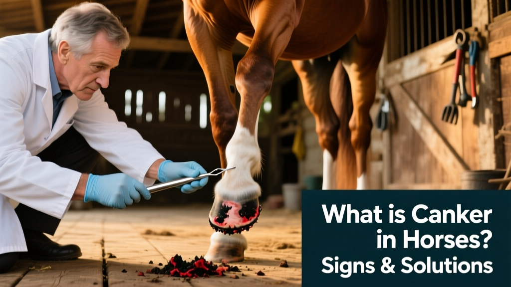 Veterinarian examining a horse's hoof during a canker diagnosis, using hoof pick and gloves
