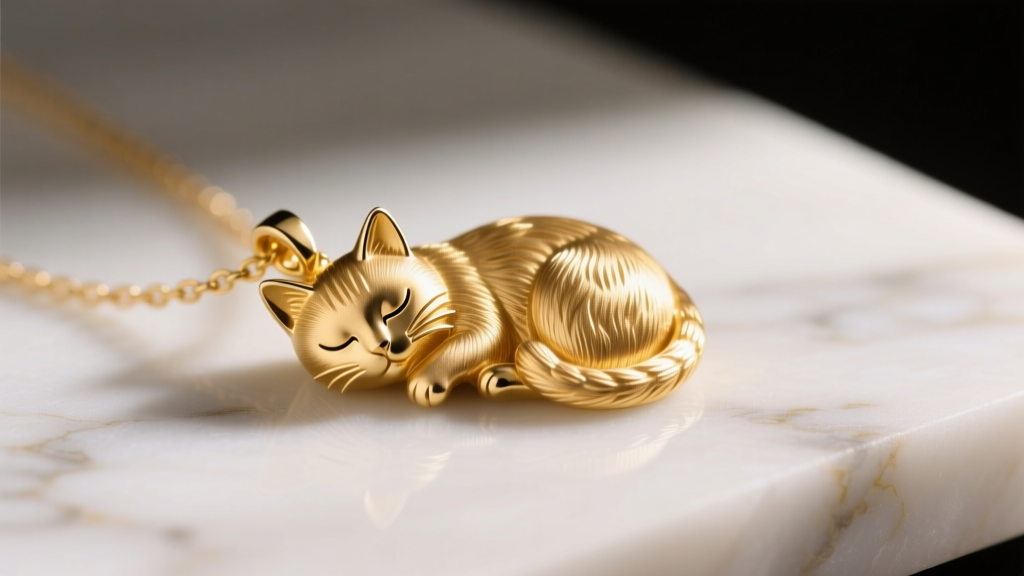 Macro shot of a 14k gold cat nap necklace pendant shaped like a sleeping cat on white marble under soft warm studio lighting