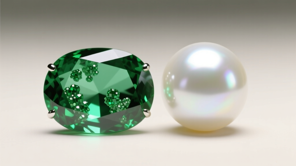 Macro shot of a vivid green emerald cabochon with natural jardin inclusions resting beside a highly lustrous white Akoya pearl.