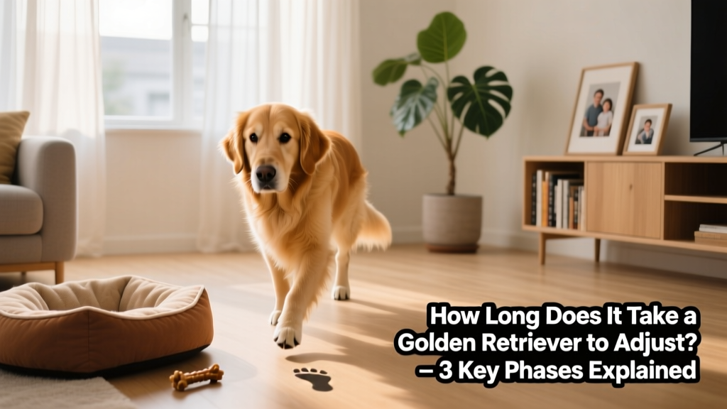 Golden Retriever cautiously exploring a new living room with soft lighting and a cozy dog bed nearby