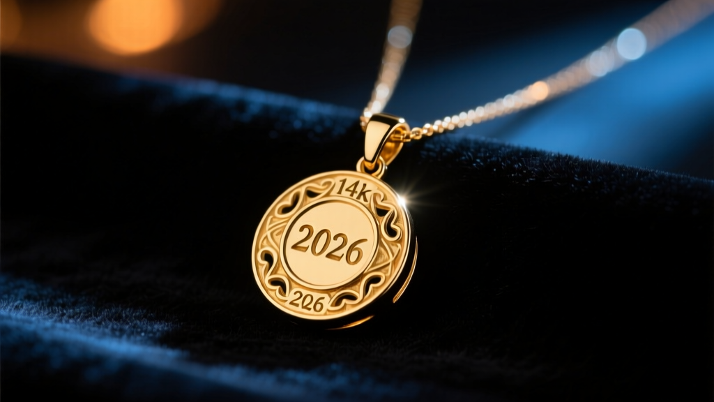 Close-up of a delicate 14k solid gold 2026 date pendant necklace resting on dark velvet, illuminated by moody party lighting