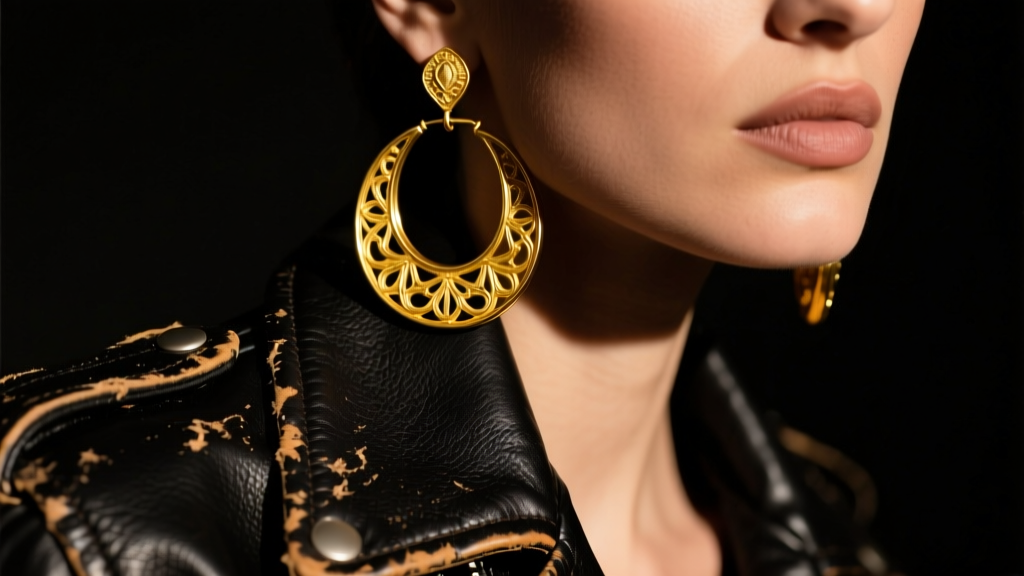 Close-up of oversized vintage 14k yellow gold hoop earrings on a model wearing a distressed leather jacket, moody studio lighting