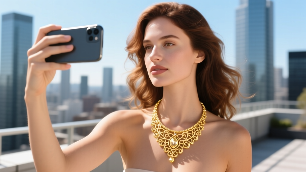 Woman holding a phone showing a Snapchat AR filter overlaying a gold pendant necklace on her collarbone in bright daylight.