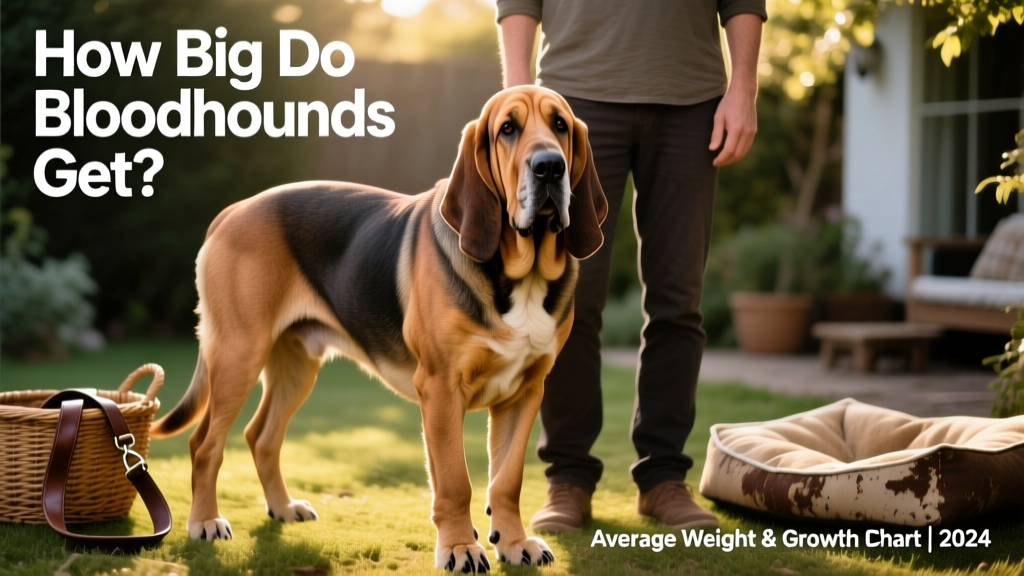 A mature Bloodhound standing calmly beside a person for scale, highlighting its deep chest and sturdy frame