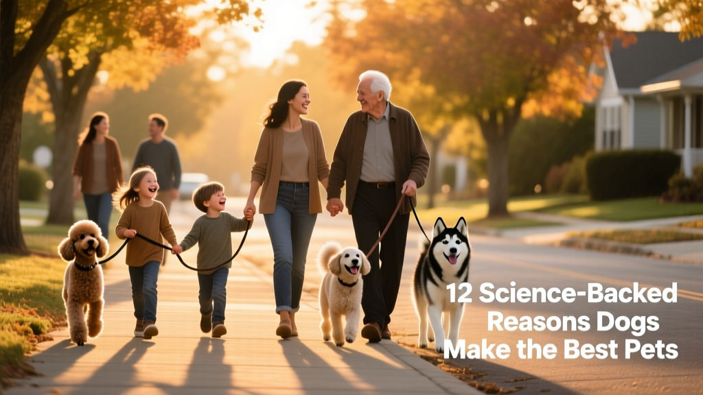 A diverse group of people walking dogs together along a tree-lined neighborhood street at sunset