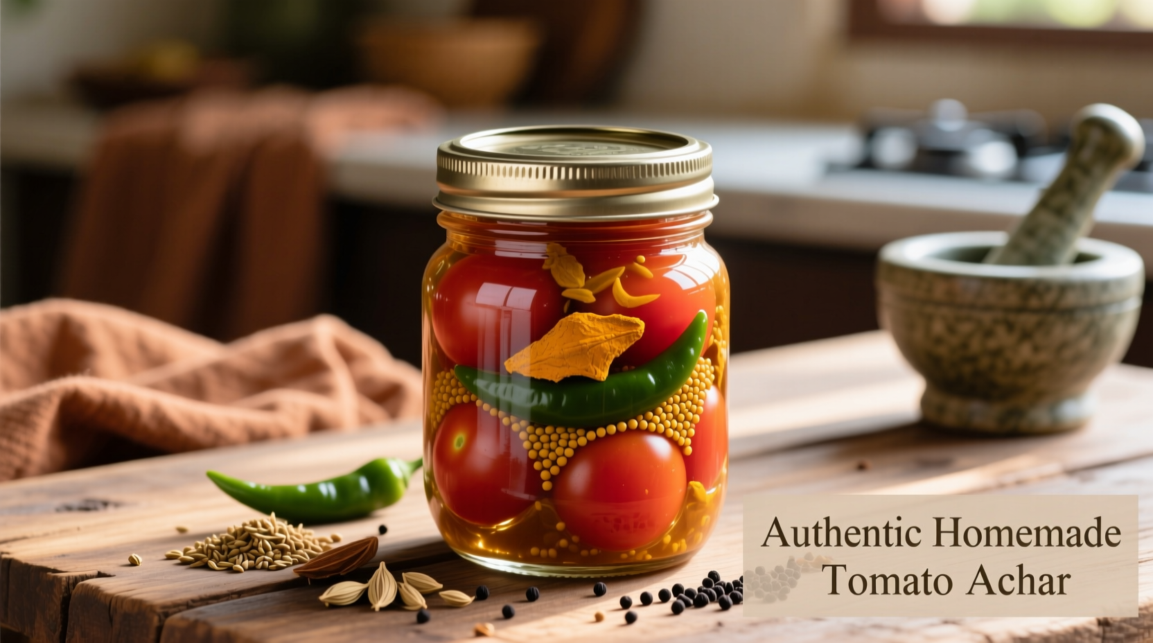 Homemade tomato achar in glass jar with spices