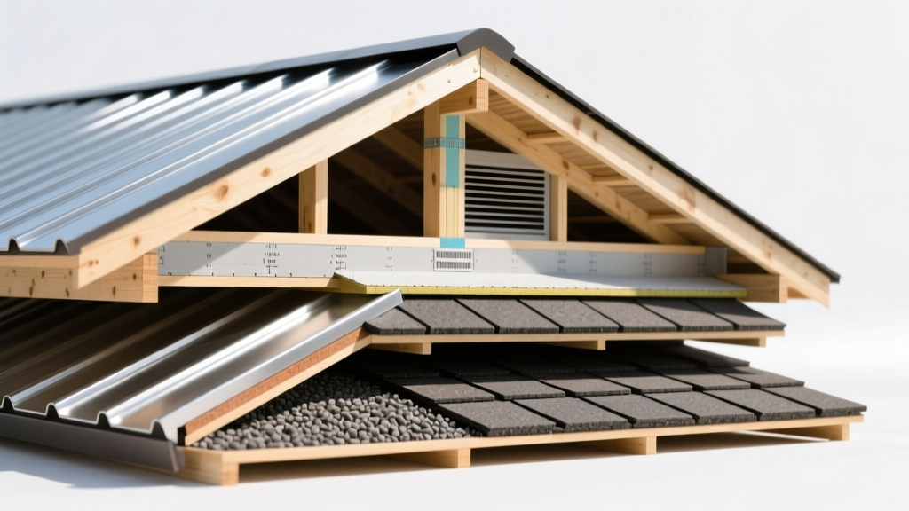 Cross-section of standing seam metal, synthetic slate, and asphalt shingles on varied residential roof framing structures