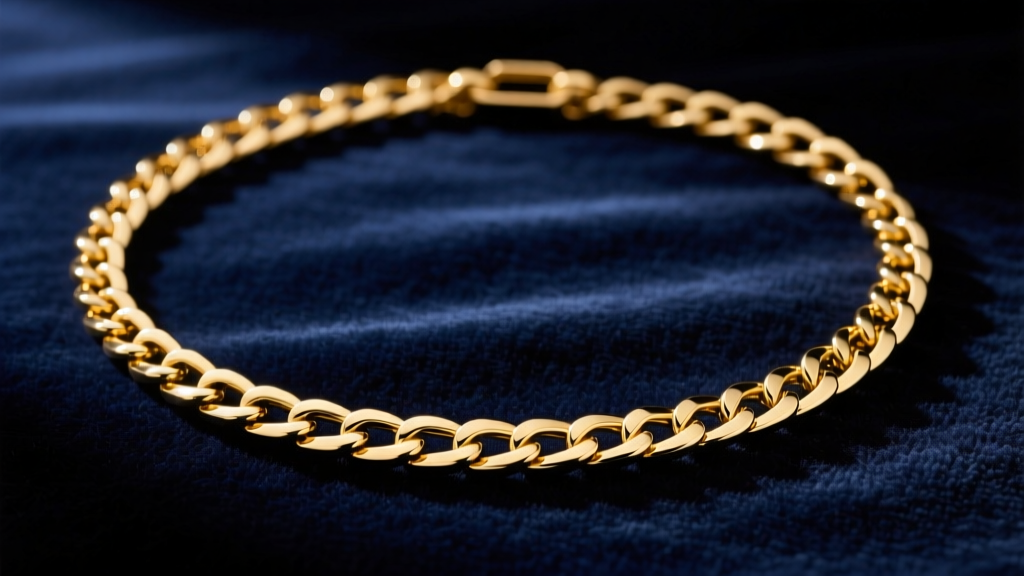 Elegant flat lay of an 18-inch 14k yellow gold box chain resting on dark velvet, illuminated by soft directional studio lighting