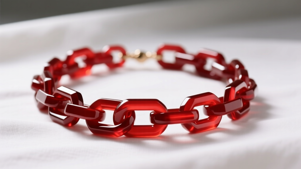 Chunky red resin link necklace on white linen, studio lighting showing contrast and rich translucency of the polished surface