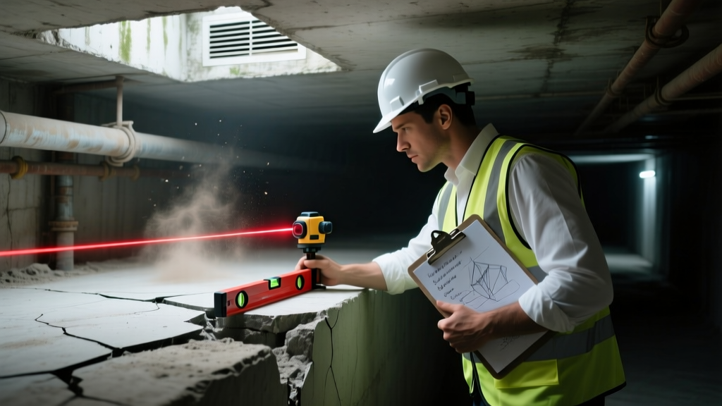 Structural engineer inspecting a cracked concrete slab foundation with a laser level and clipboard in a dimly lit crawl space.