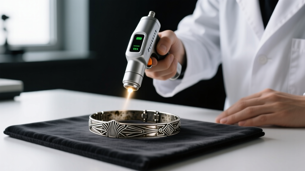Jeweler using a handheld XRF spectrometer gun to test the elemental composition of a vintage silver bracelet on a dark velvet mat