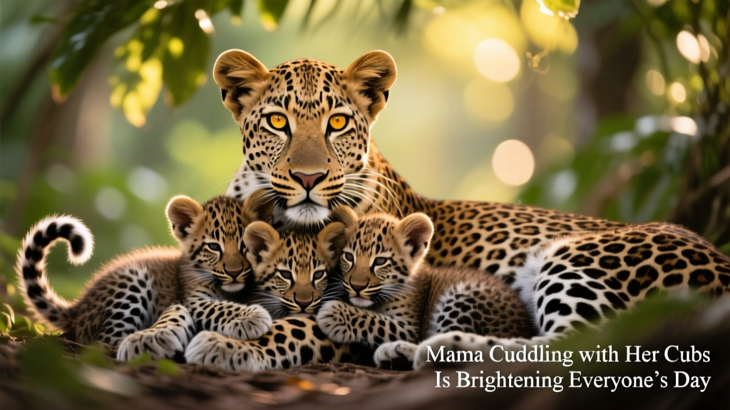 Three leopard cubs nestled close to their mother under dappled sunlight