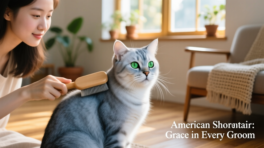 Owner gently brushing an American Shorthair’s coat with a soft slicker brush