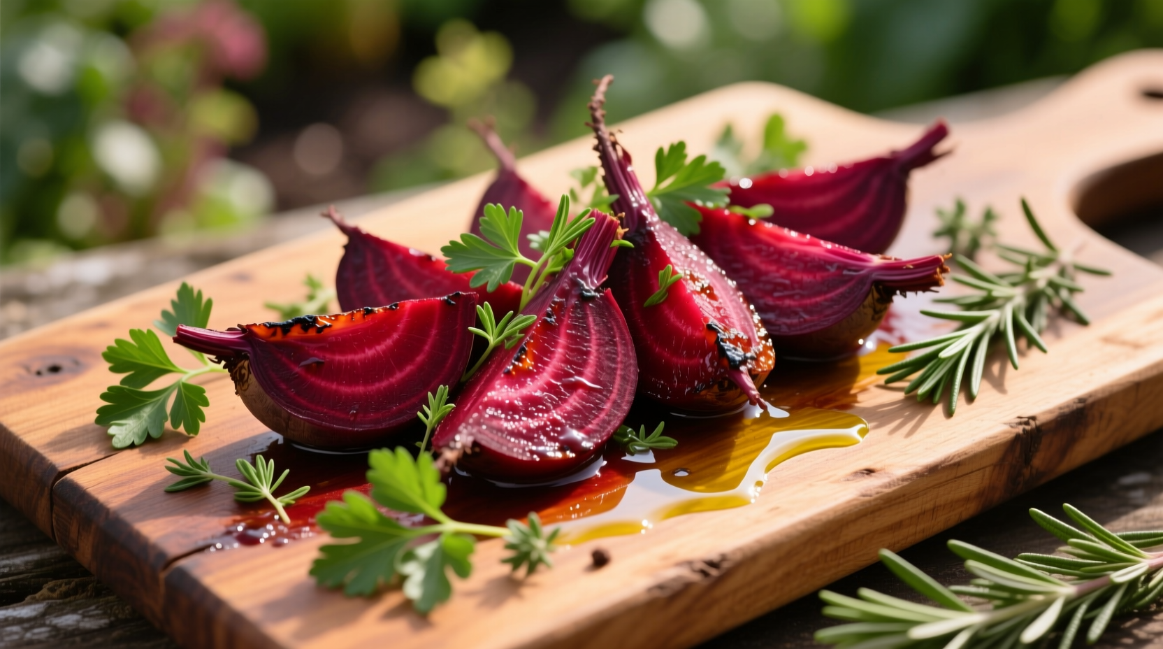 Fresh roasted beets with herbs on wooden board